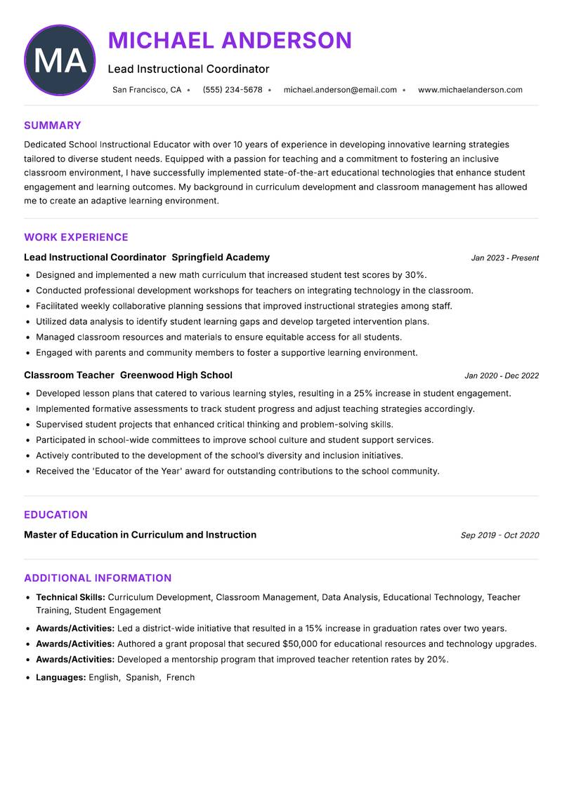 School Instructional Educator resume example