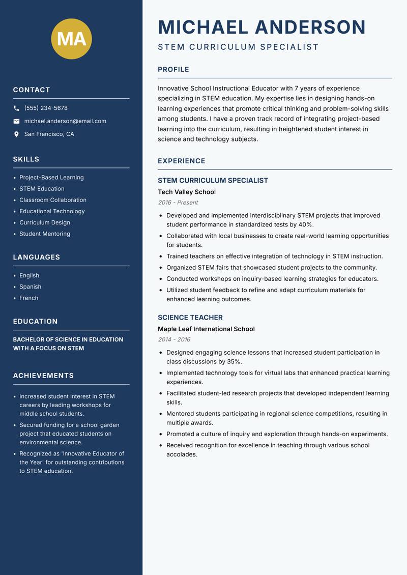School Instructional Educator resume sample — STEM Curriculum Specialist focus