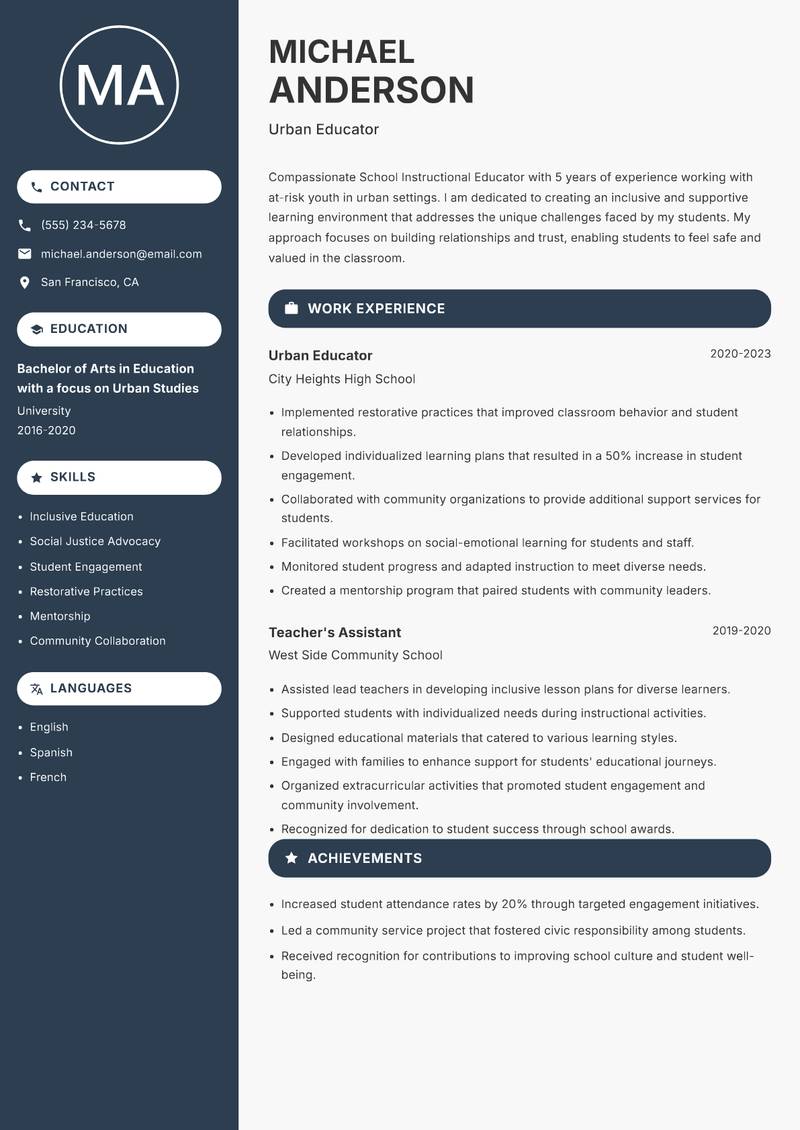 School Instructional Educator resume sample — Urban Educator focus