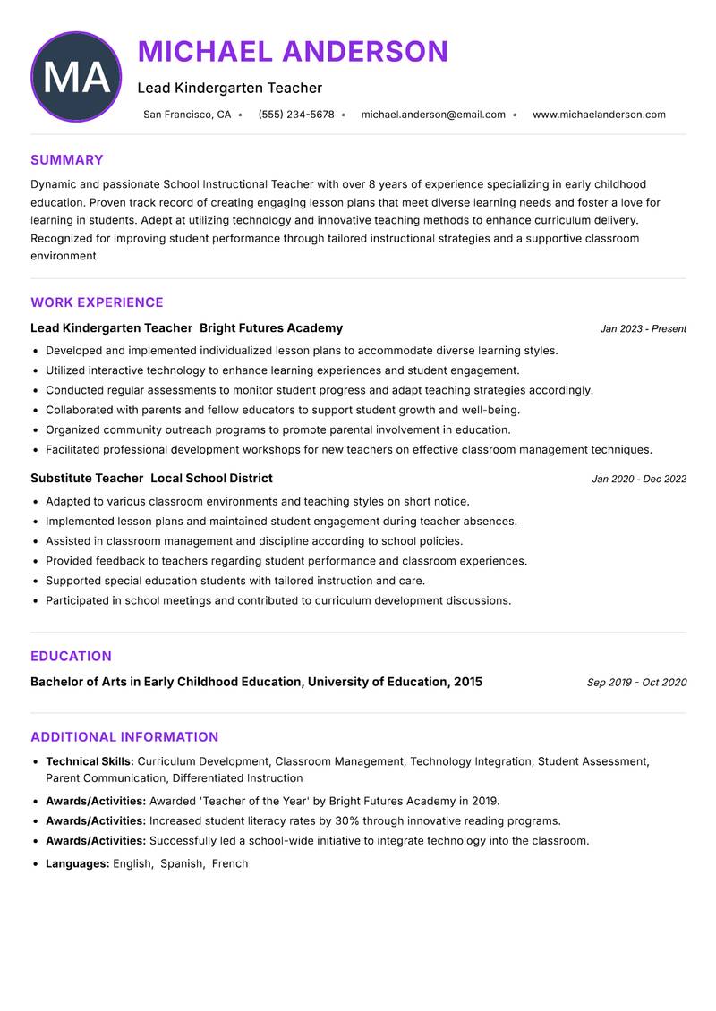 School Instructional Teacher resume example