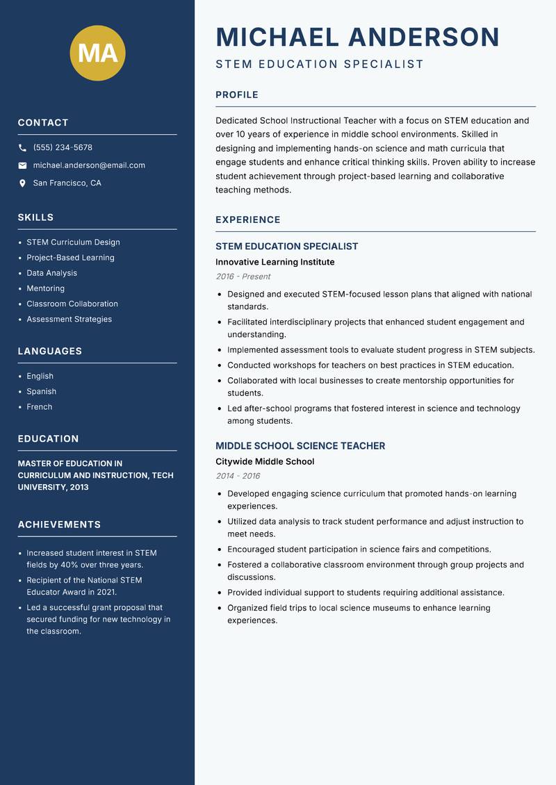 School Instructional Teacher resume sample — STEM Education Specialist focus
