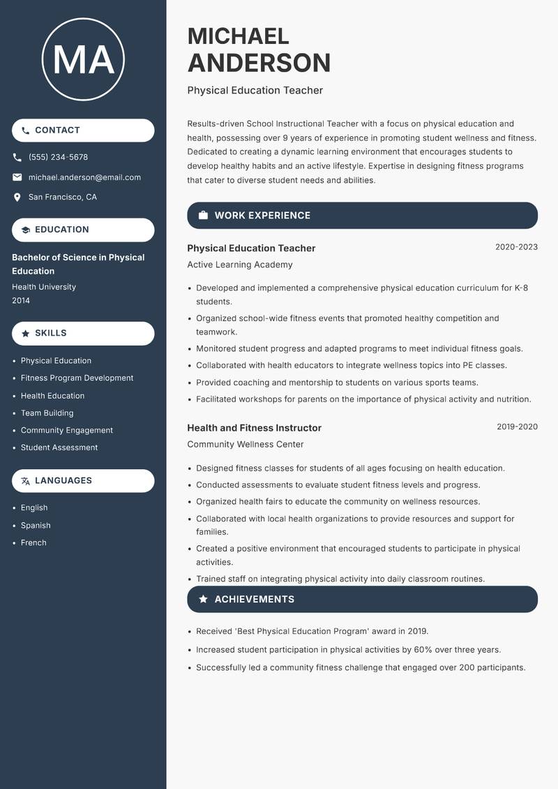 School Instructional Teacher resume sample — Physical Education Teacher focus