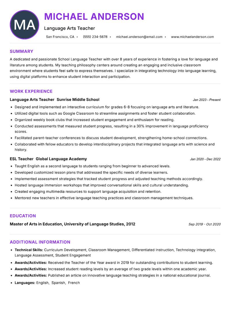 School Language Teacher resume example