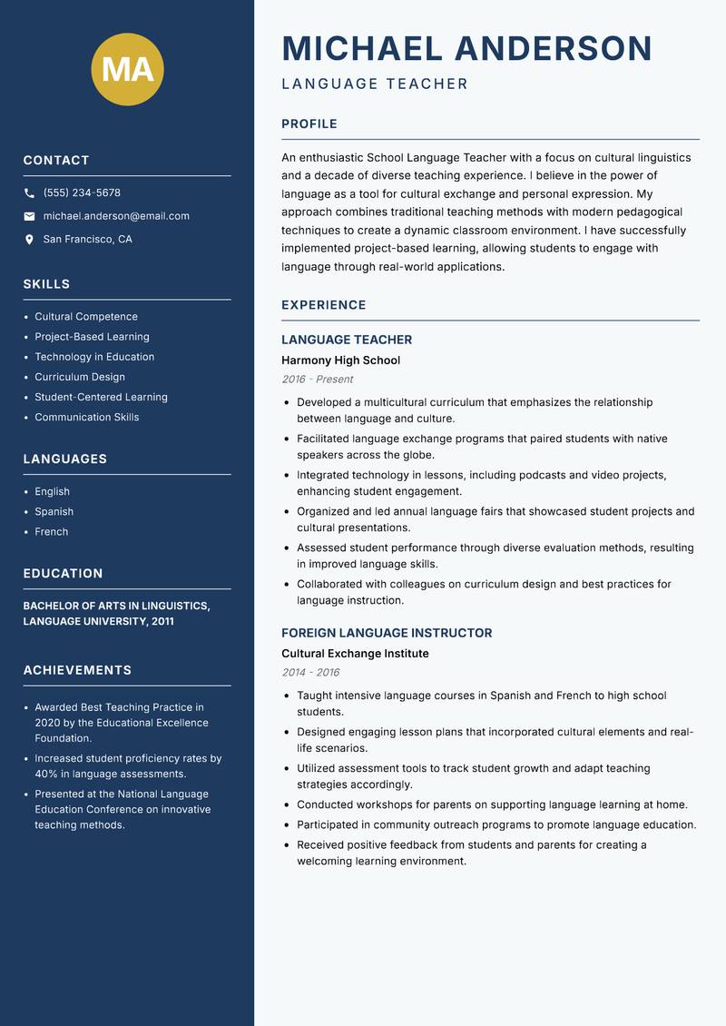 School Language Teacher resume sample — Language Teacher focus