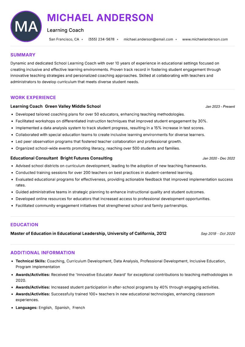 School Learning Coach resume example