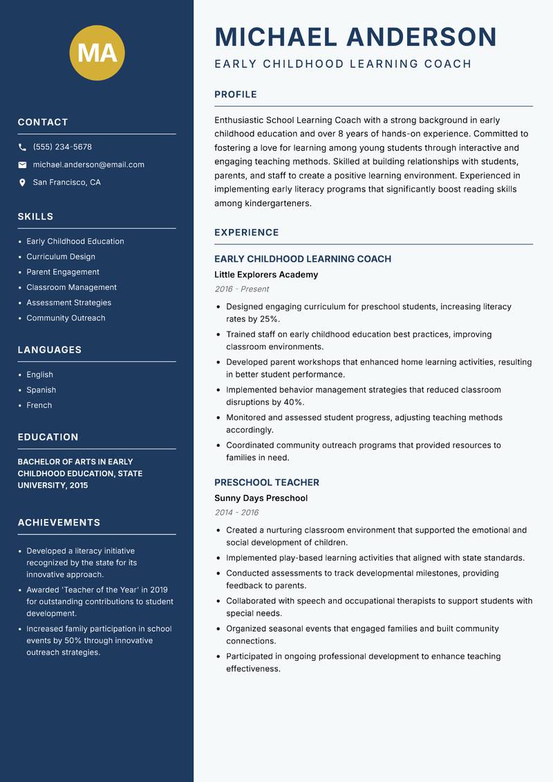 School Learning Coach resume sample — Early Childhood Learning Coach focus