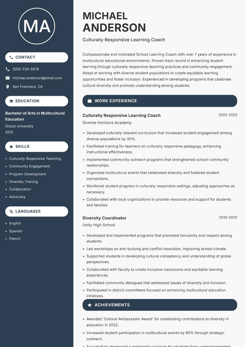School Learning Coach resume sample — Culturally Responsive Learning Coach focus