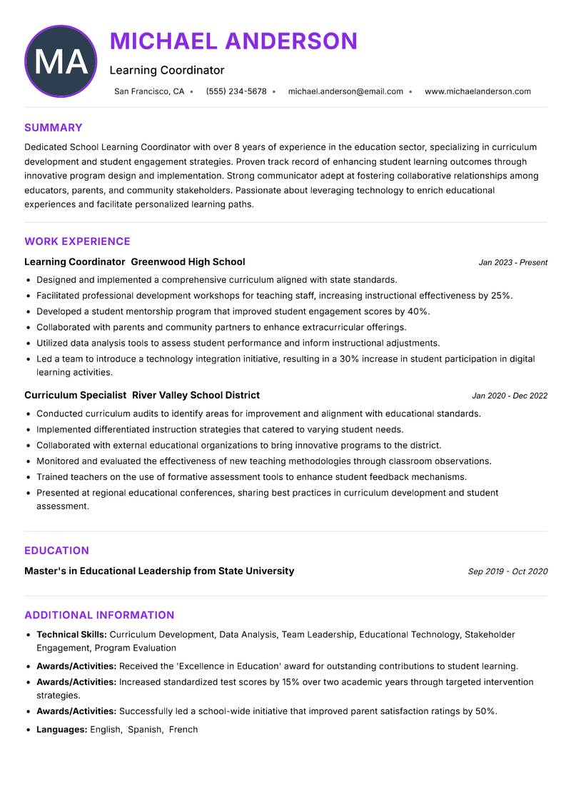 School Learning Coordinator resume example