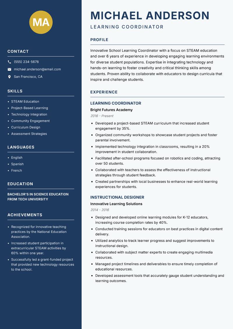 School Learning Coordinator resume sample — Learning Coordinator focus