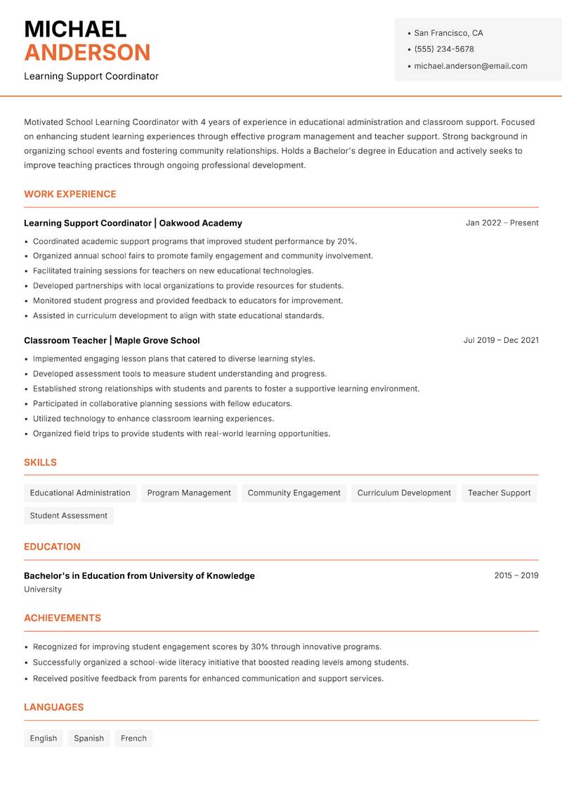 School Learning Coordinator resume sample — Learning Support Coordinator focus