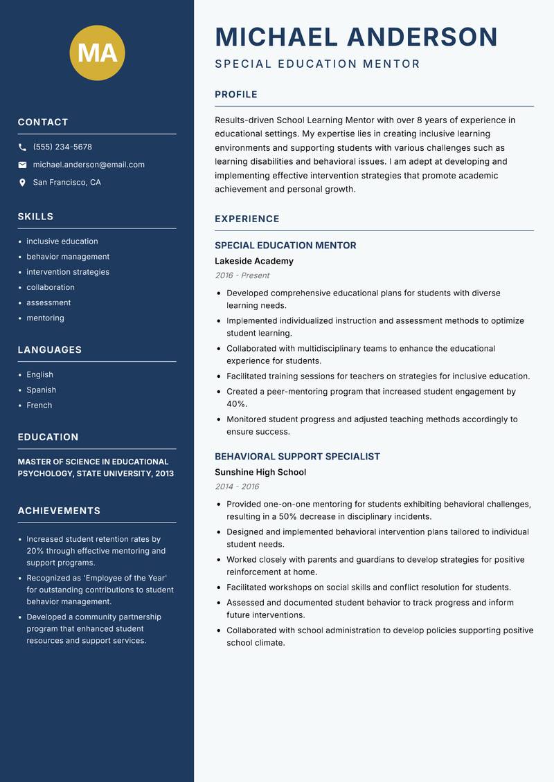 School Learning Mentor resume sample — Special Education Mentor focus