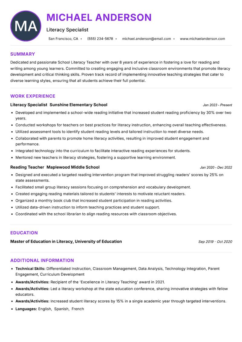 School Literacy Teacher resume example