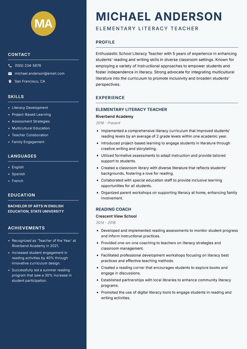 School Literacy Teacher resume sample — Elementary Literacy Teacher focus