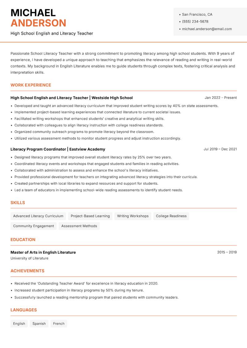 School Literacy Teacher resume sample — High School English and Literacy Teacher focus