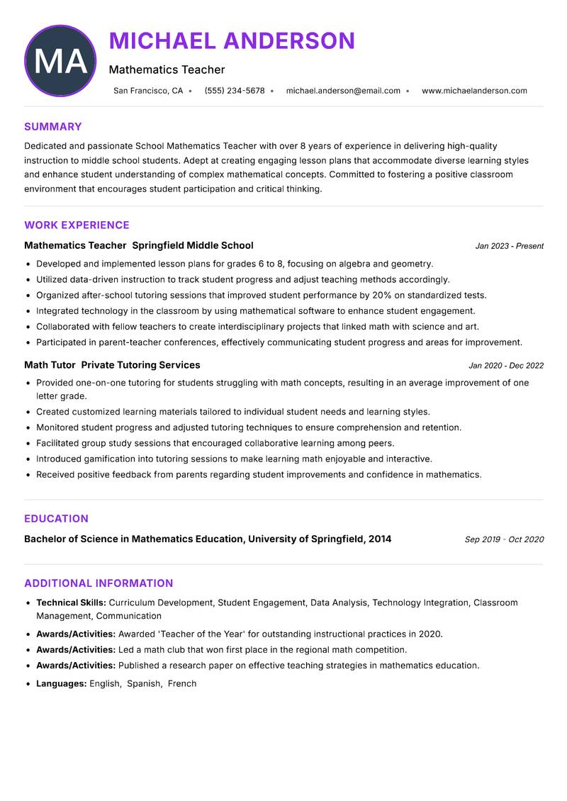 School Mathematics Teacher resume example