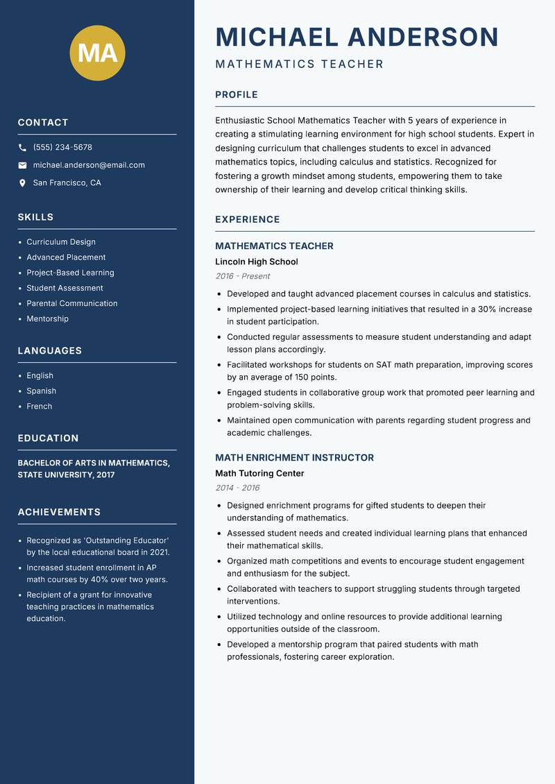 School Mathematics Teacher resume sample — Mathematics Teacher focus
