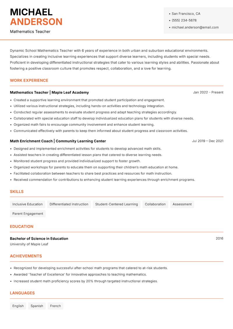 School Mathematics Teacher resume sample — Mathematics Teacher focus
