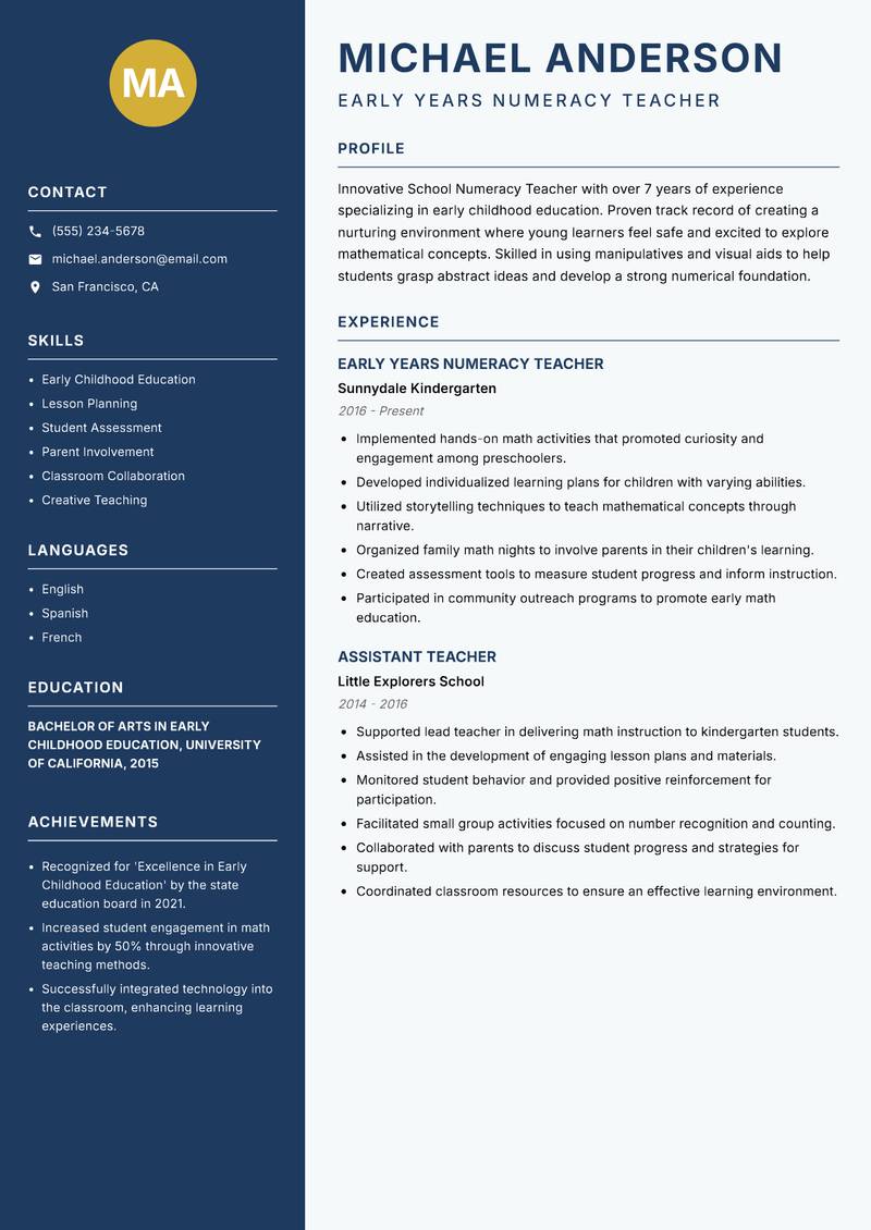 School Numeracy Teacher resume sample — Early Years Numeracy Teacher focus
