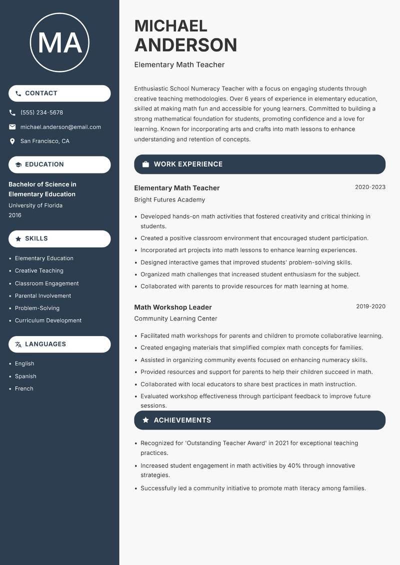 School Numeracy Teacher resume sample — Elementary Math Teacher focus