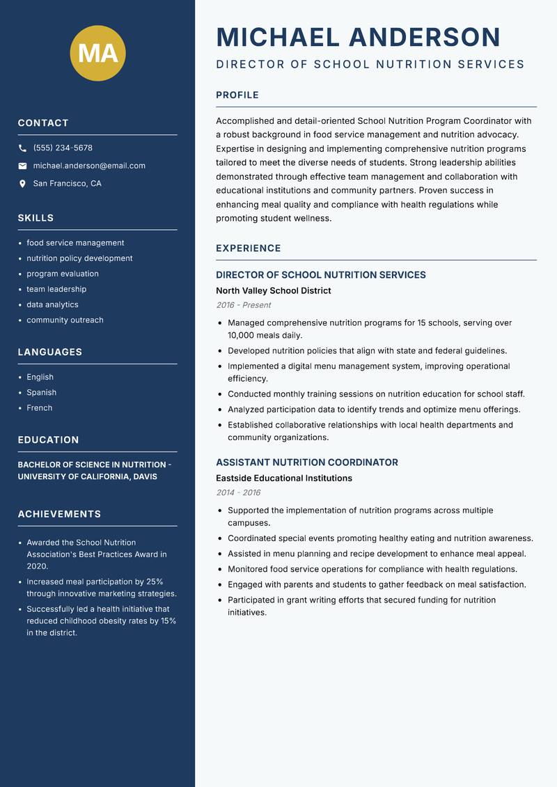 School Nutrition Program Coordinator resume sample — Director of School Nutrition Services focus