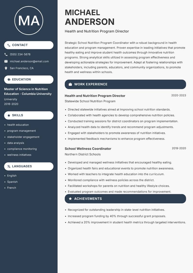 School Nutrition Program Coordinator resume sample — Health and Nutrition Program Director focus