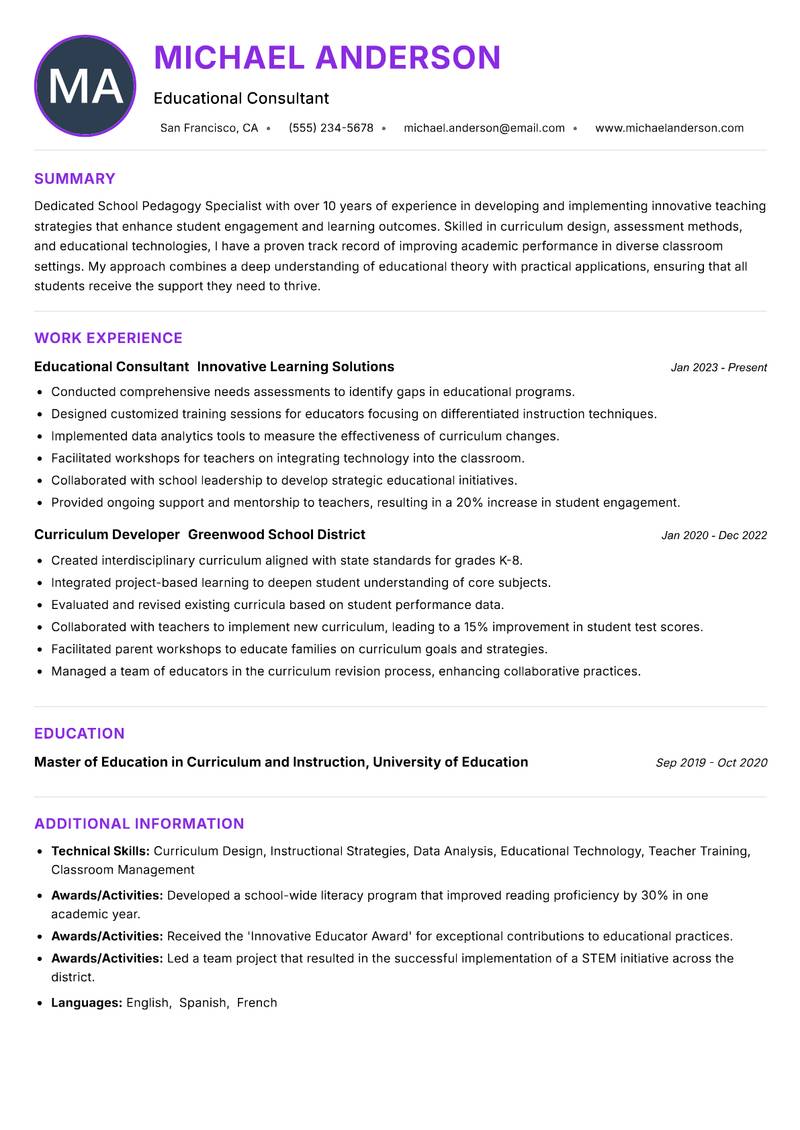 School Pedagogy Specialist resume example