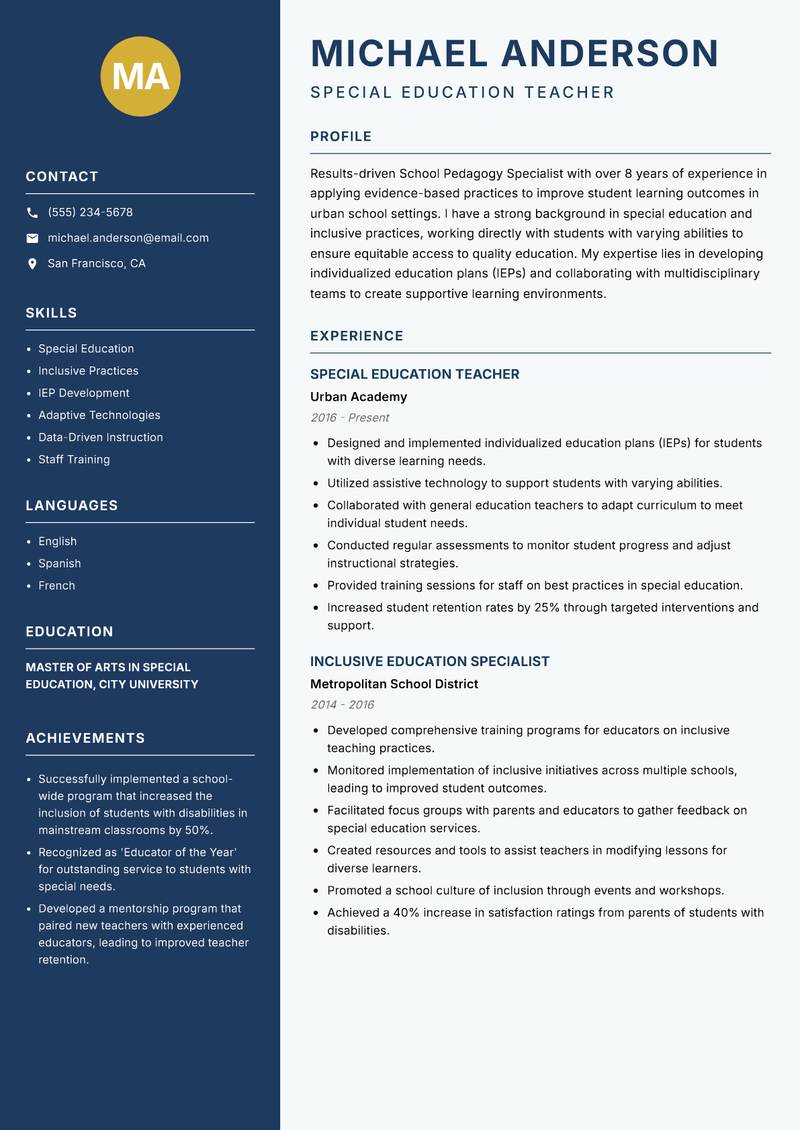 School Pedagogy Specialist resume sample — Special Education Teacher focus