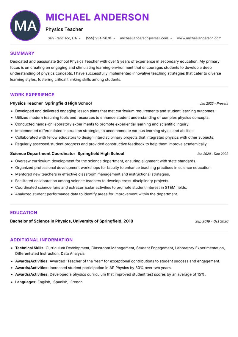 School Physics Teacher resume example