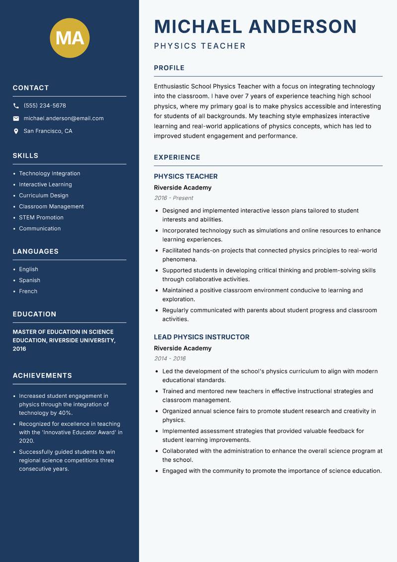 School Physics Teacher resume sample — Physics Teacher focus