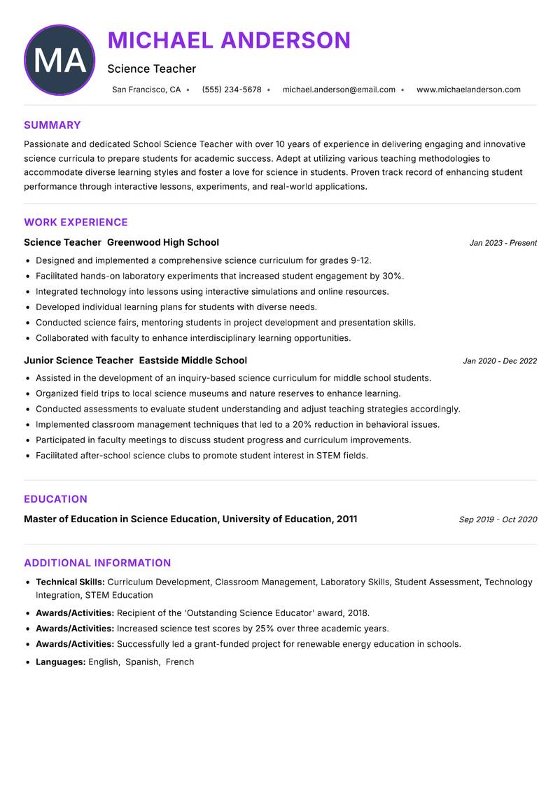 School Science Teacher resume example