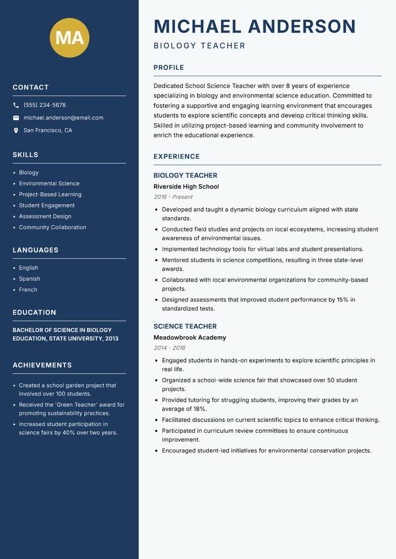 School Science Teacher resume sample — Biology Teacher focus