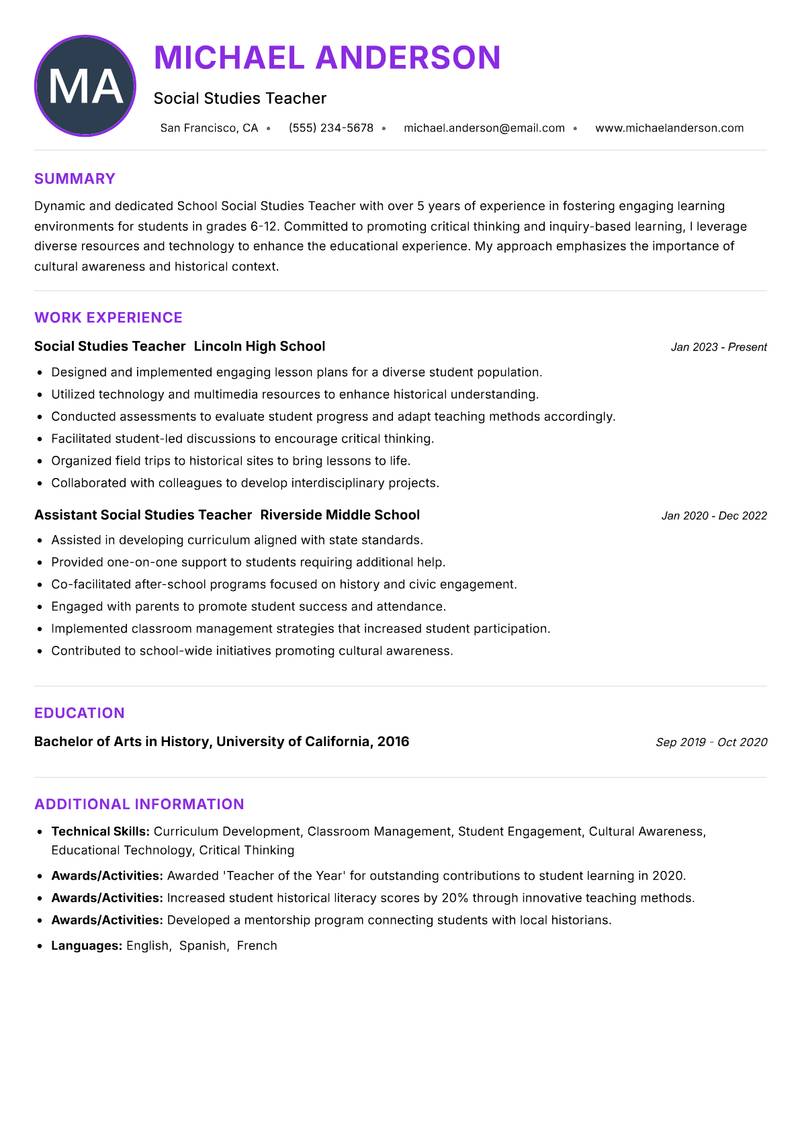 School Social Studies Teacher resume example