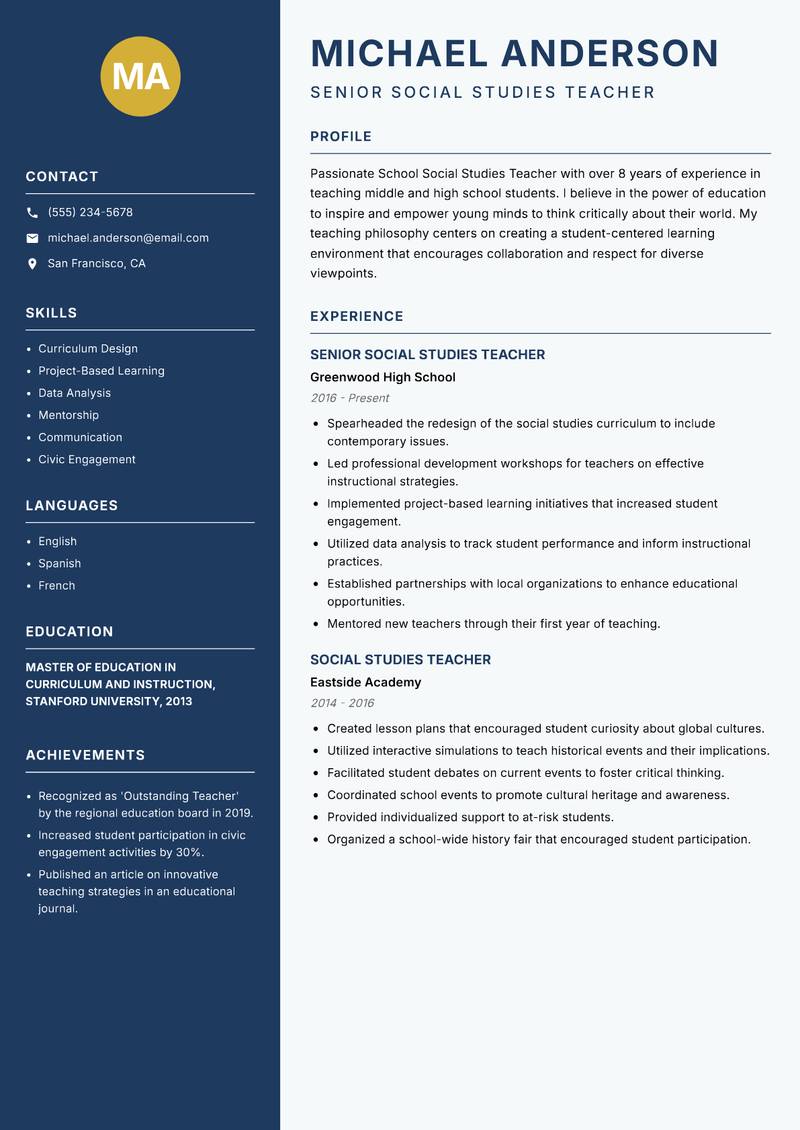 School Social Studies Teacher resume sample — Senior Social Studies Teacher focus