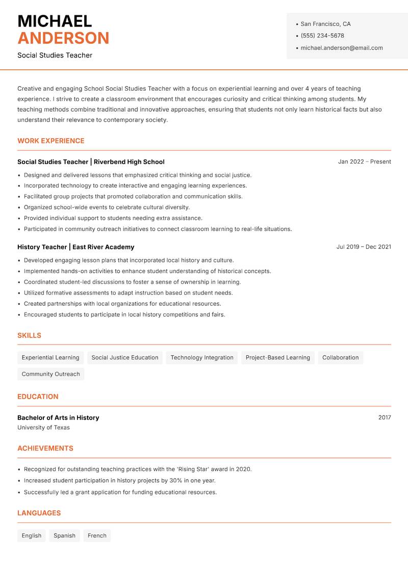 School Social Studies Teacher resume sample — Social Studies Teacher focus