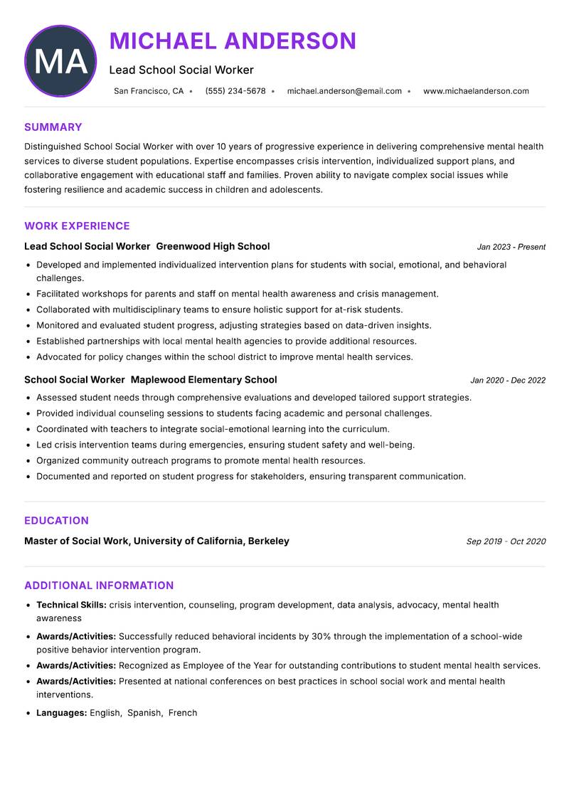 School Social Worker resume example