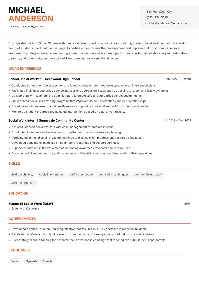 School Social Worker resume sample — School Social Worker focus