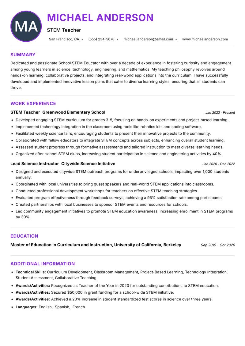 School STEM Educator resume example