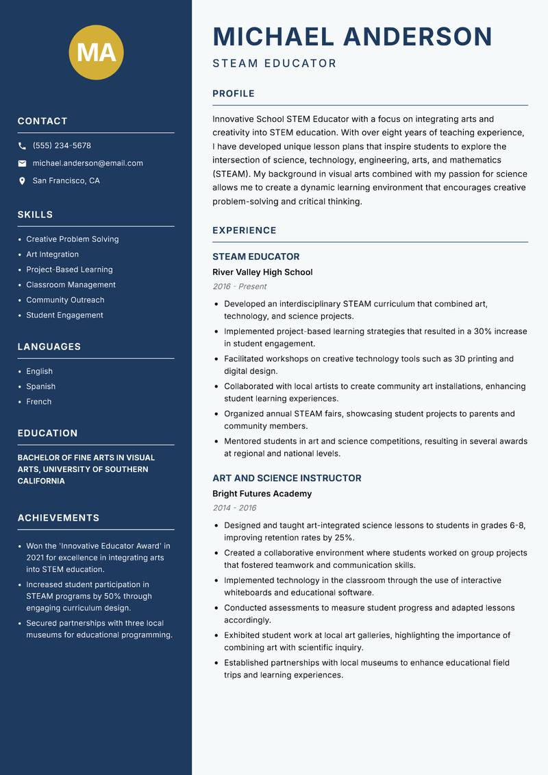 School STEM Educator resume sample — STEAM Educator focus