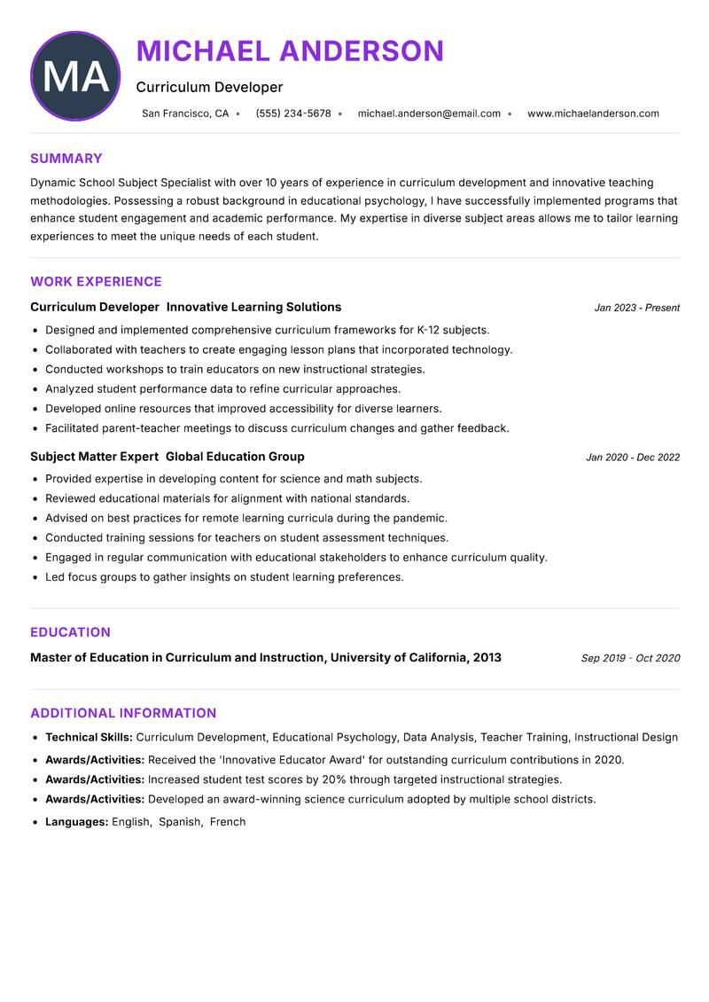 School Subject Specialist resume example