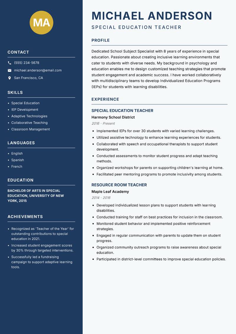 School Subject Specialist resume sample — Special Education Teacher focus