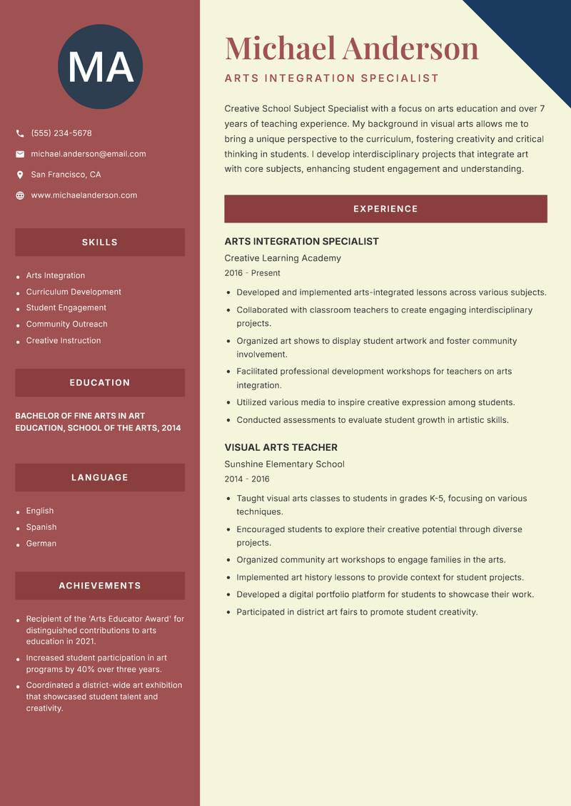 School Subject Specialist resume sample — Arts Integration Specialist focus