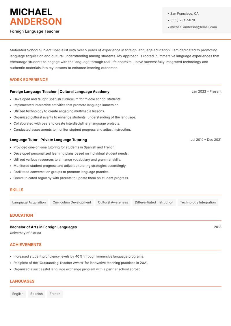 School Subject Specialist resume sample — Foreign Language Teacher focus