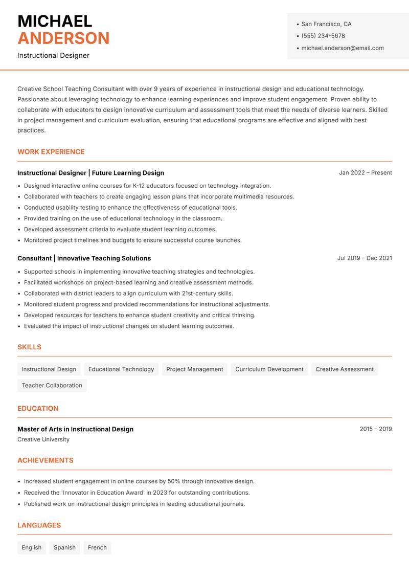 School Teaching Consultant resume sample — Instructional Designer focus
