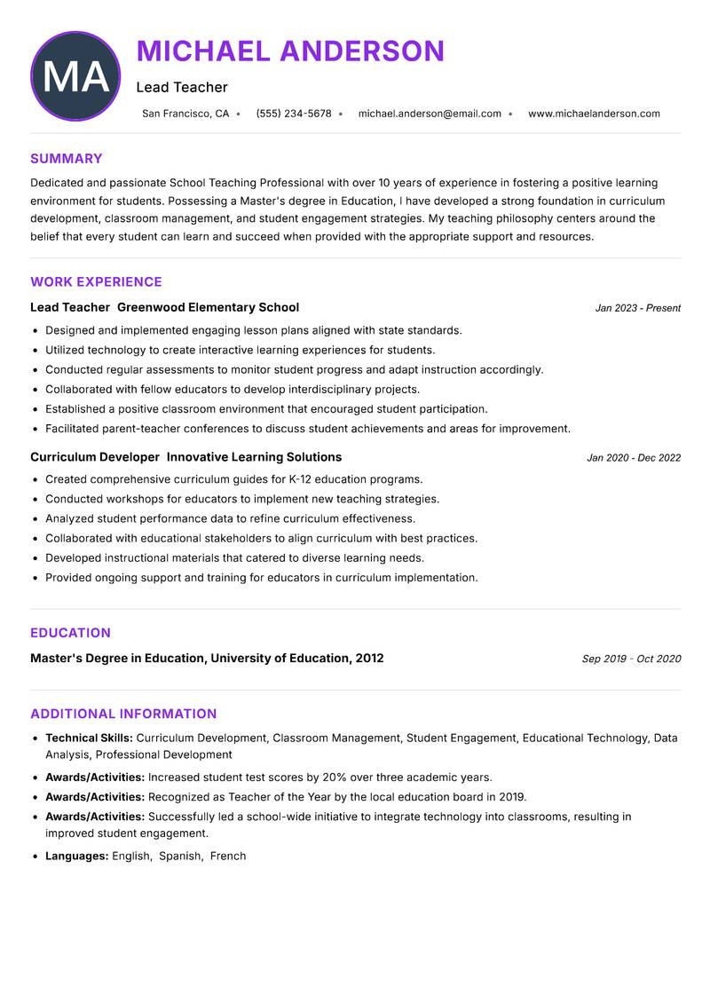 School Teaching Professional resume example