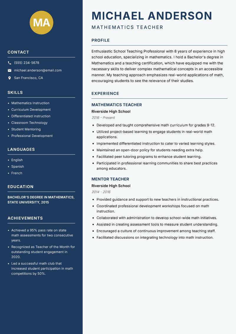 School Teaching Professional resume sample — Mathematics Teacher focus
