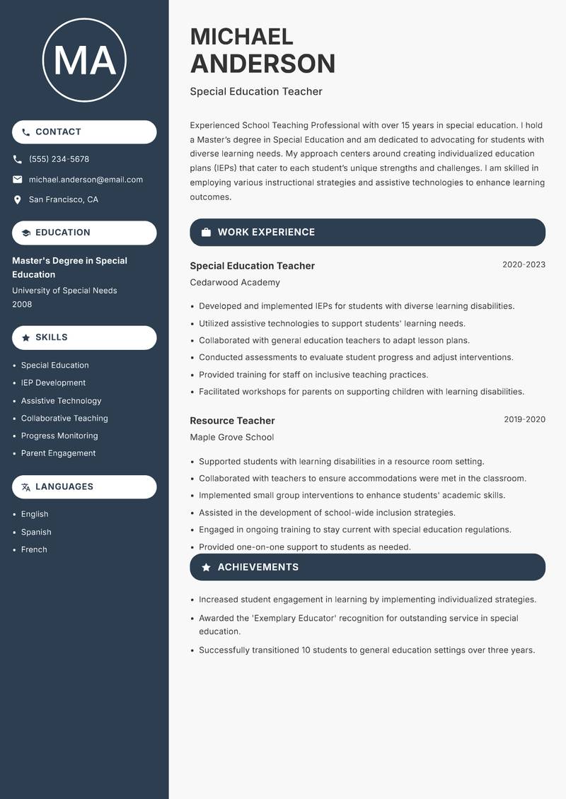 School Teaching Professional resume sample — Special Education Teacher focus