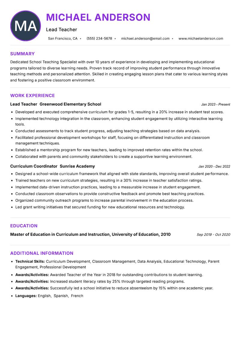 School Teaching Specialist resume example