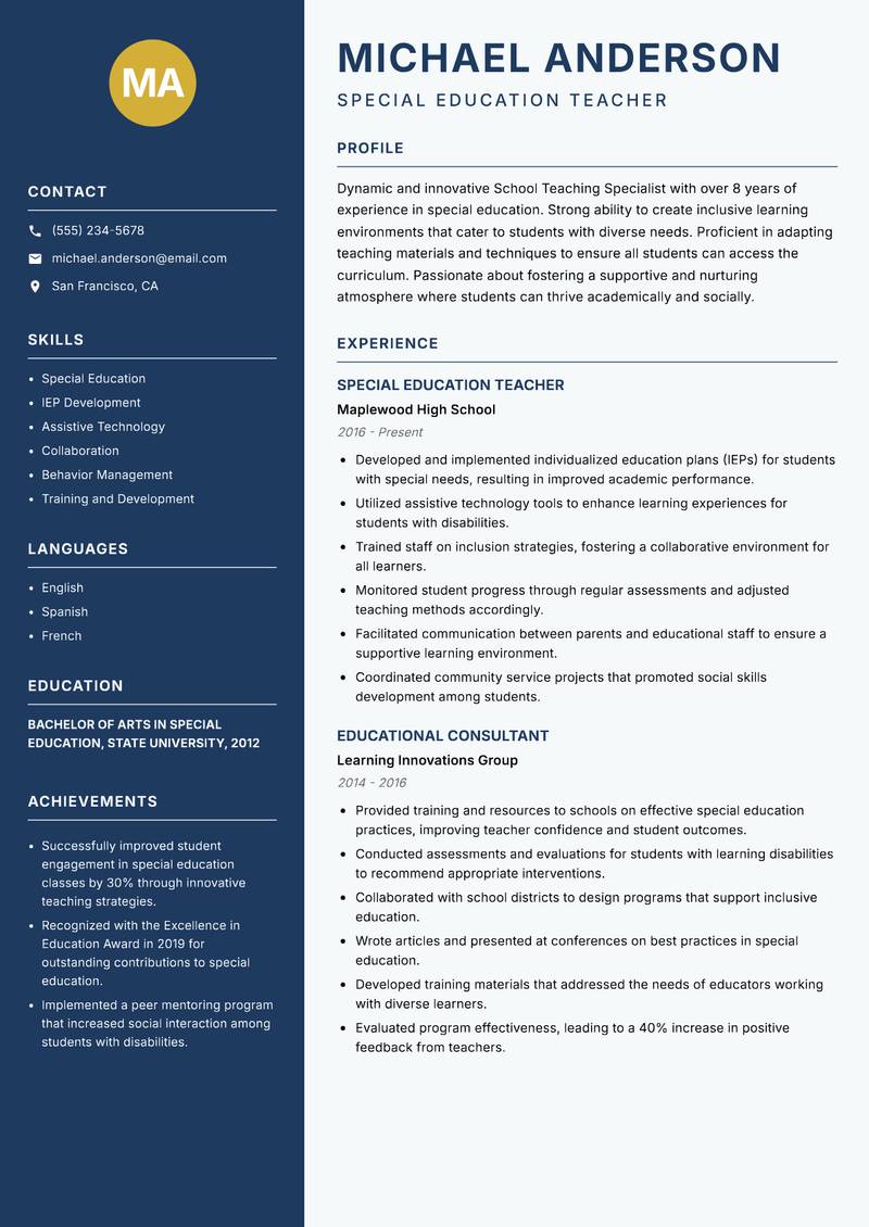 School Teaching Specialist resume sample — Special Education Teacher focus