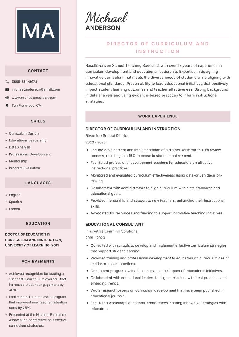 School Teaching Specialist resume sample — Director of Curriculum and Instruction focus