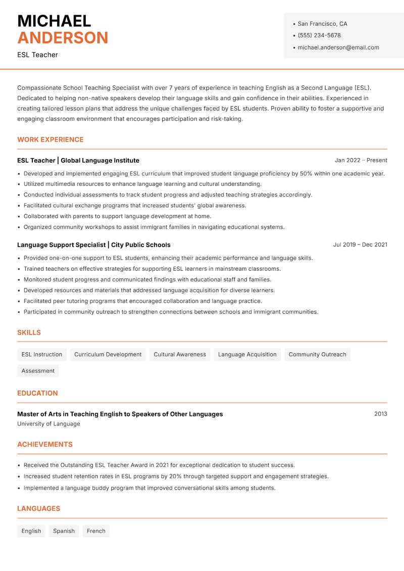 School Teaching Specialist resume sample — ESL Teacher focus
